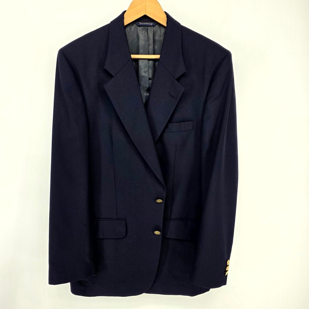 Burberrys Blazer Mens 42L Navy Blue Wool Gold Crest Button Vintage Sport Coat